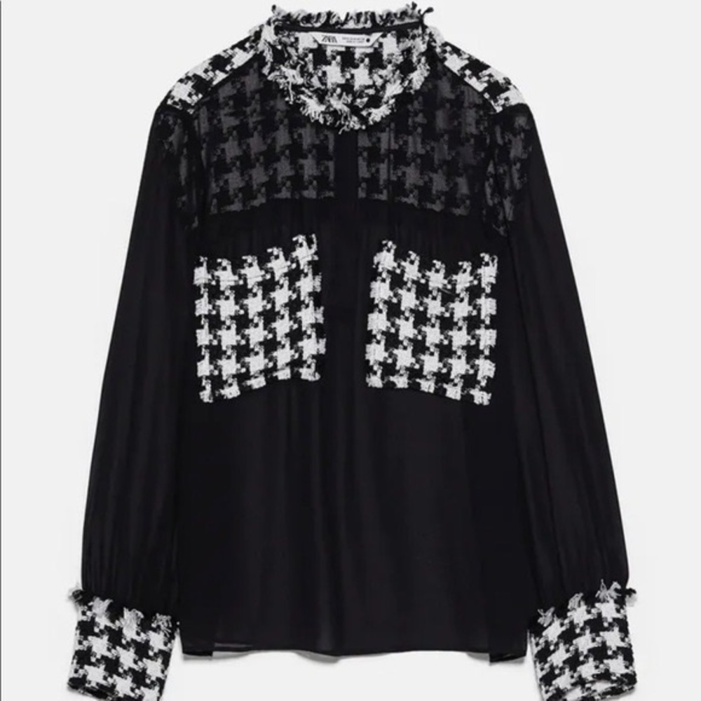 Zara Semi Sheer Houndstooth Blouse
